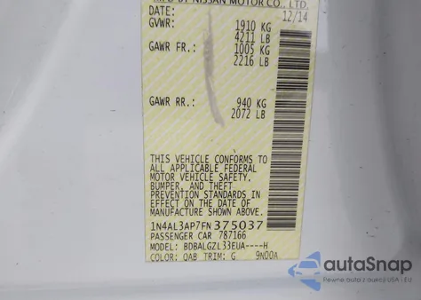 2015 Nissan Altima 2.5 S from USA, damaged, VIN 1N4AL3AP7FN375037